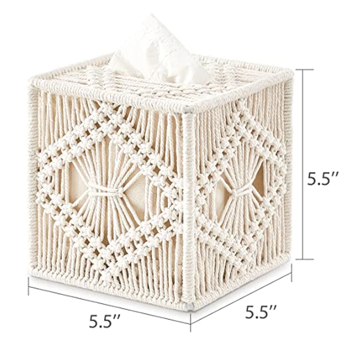 Mkono Tissue Box Cover Macrame Square Open-Bottom Tissue Box Holder Boho Decor Tissue Organizer Bohemian Handmade Woven Tissue Cube Box for Bathroom Bedroom Dresser Living Room Office Dorm, Ivory by Mkono - Image 5