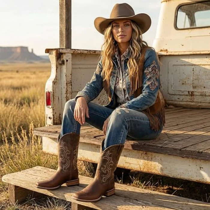 Palitutu Cowboy Boots for Women, Genuine Leather Mid Calf Embroidered Cowgirl Boots Square Toe Low Heel with Pull Tabs, Ideal for Music Festivals, Farm & Parties by Palitutu - Image 2