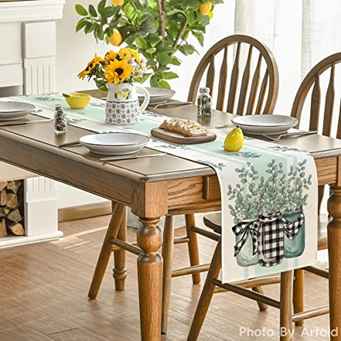 Artoid Mode Buffalo Plaid Eucalyptus Vases Summer Table Runner, Spring Kitchen Dining Table Decoration for Home Party Decor 13x72 Inch by Artoid Mode - Image 4