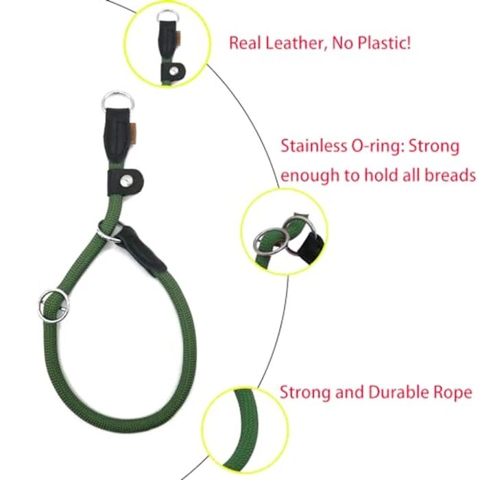 Aiminto Braided Rope Collar, Training Dog Collar, Round Martingale Collar, Slip Collar with Adjustable Stopper and Slidable Stop Ring - Ideal for Medium Dogs (M(1/3") - 18" Long, Dark Green) by aiminto - Image 5