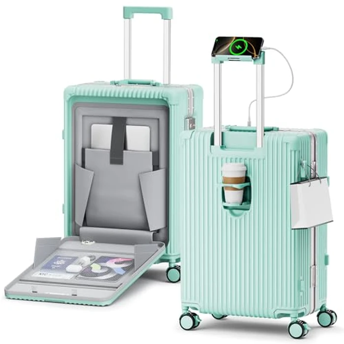 Faqy Z 20 Inch Aluminum Frame Carry On Luggage with Front Pocket, USB Port, Phone Holder & Cup Holder, Hard Shell Spinner Suitcase for Airplane Travel, Mint Green by Faqy Z - Image 1