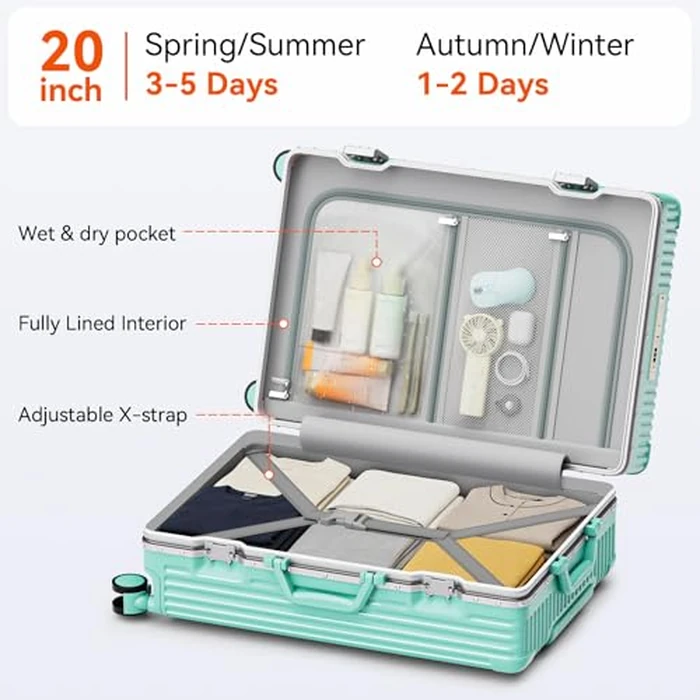Faqy Z 20 Inch Aluminum Frame Carry On Luggage with Front Pocket, USB Port, Phone Holder & Cup Holder, Hard Shell Spinner Suitcase for Airplane Travel, Mint Green by Faqy Z - Image 2