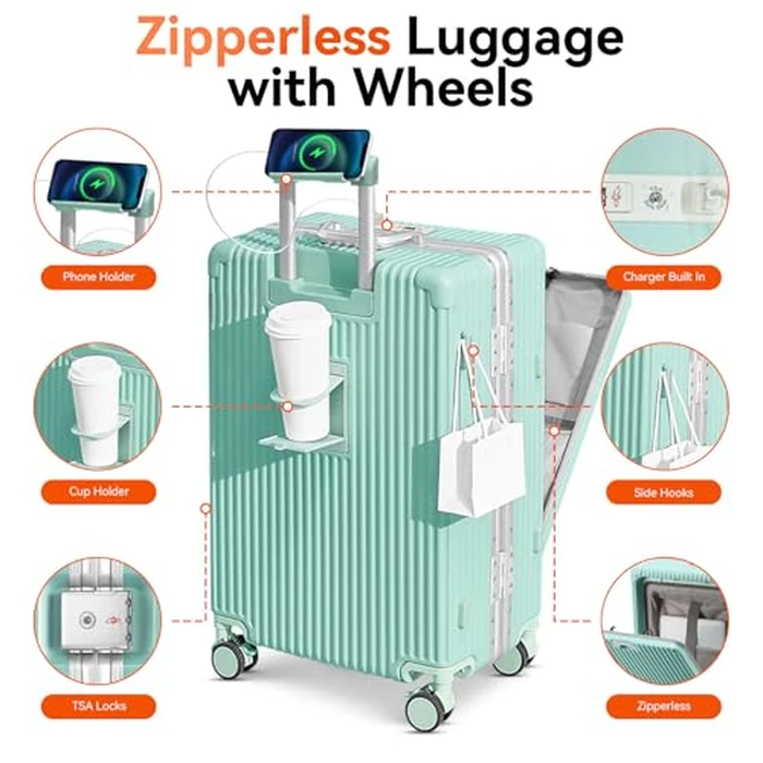 Faqy Z 20 Inch Aluminum Frame Carry On Luggage with Front Pocket, USB Port, Phone Holder & Cup Holder, Hard Shell Spinner Suitcase for Airplane Travel, Mint Green by Faqy Z - Image 3