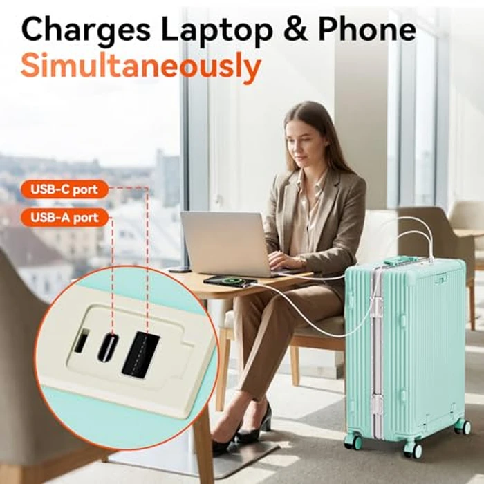 Faqy Z 20 Inch Aluminum Frame Carry On Luggage with Front Pocket, USB Port, Phone Holder & Cup Holder, Hard Shell Spinner Suitcase for Airplane Travel, Mint Green by Faqy Z - Image 5