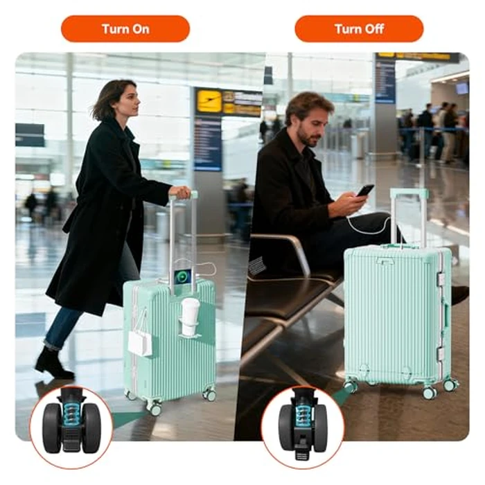 Faqy Z 20 Inch Aluminum Frame Carry On Luggage with Front Pocket, USB Port, Phone Holder & Cup Holder, Hard Shell Spinner Suitcase for Airplane Travel, Mint Green by Faqy Z - Image 6