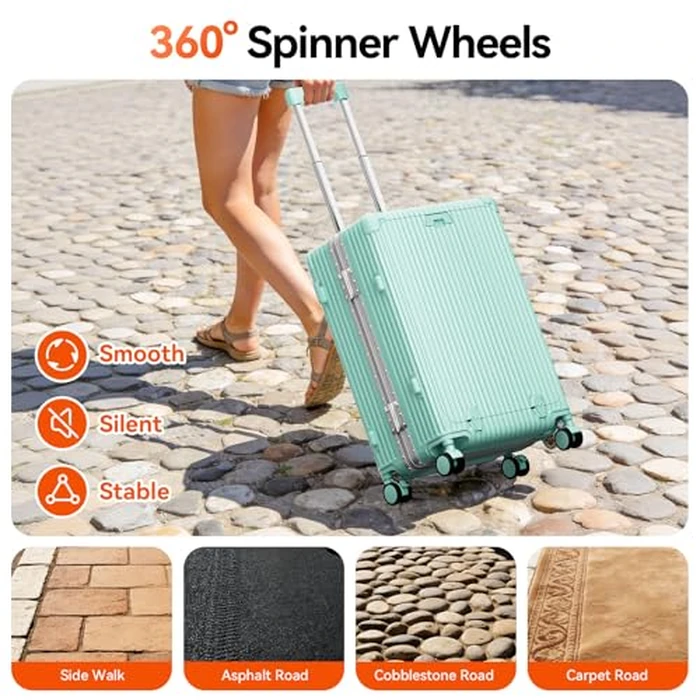 Faqy Z 20 Inch Aluminum Frame Carry On Luggage with Front Pocket, USB Port, Phone Holder & Cup Holder, Hard Shell Spinner Suitcase for Airplane Travel, Mint Green by Faqy Z - Image 7