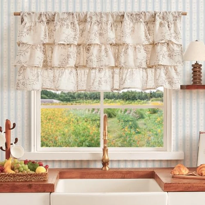 jinchan Ruffled Floral Valance Curtain Shabbychic Linen Window Valance 18 Inch Farmhouse Rustic Window Treatment for Kitchen Bedroom Living Room Rod Pocket 1 Panel Taupe on Linen by jinchan - Image 2