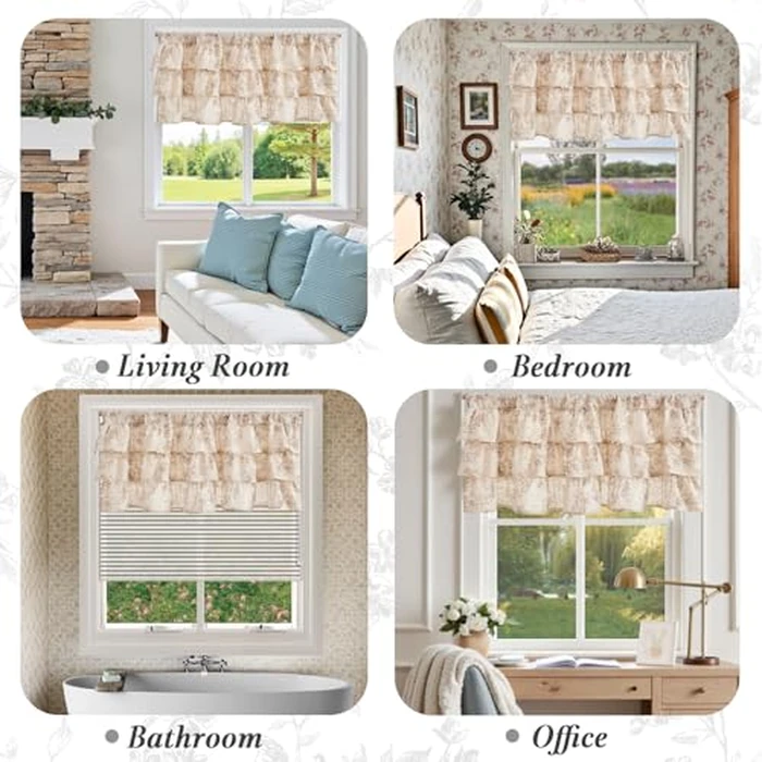 jinchan Ruffled Floral Valance Curtain Shabbychic Linen Window Valance 18 Inch Farmhouse Rustic Window Treatment for Kitchen Bedroom Living Room Rod Pocket 1 Panel Taupe on Linen by jinchan - Image 4