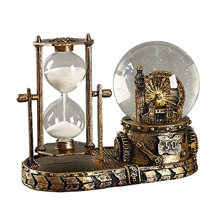 LED Music Crystal Snow Globe with Hourglass Timer Home Decoration for Living Room Bedroom Book Shelf TV Cabinet Desktop Decor Statue Figurine Table Centerpieces Ornaments (J - Brass) by IDORTYBB - Used - Like New condition