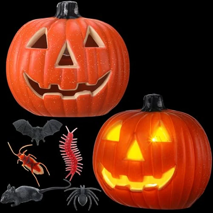2 Pack Plastic Jack O Lantern Pumpkins Halloween Light up Pumpkin with 2 Pack Plastic Bugs Fake Roach Spider Outdoor Indoor Battery Operated Lighted Halloween Pumpkin Decorations Party Favor Gifts by Rossesay - Image 1