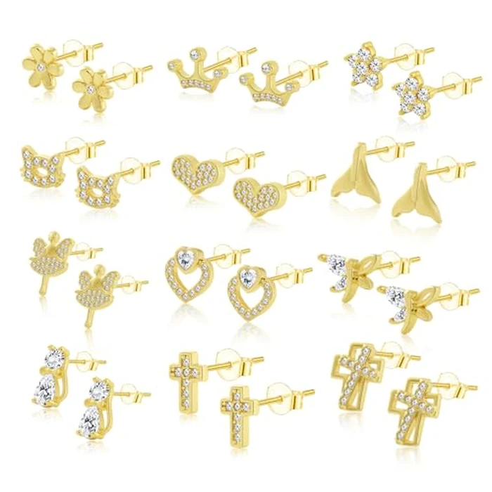 Z ZACHÉ 12 Pairs Gold Earrings 14K Gold Plated hypoallergenic earrings for Women Cross Heart Cat Flower Stud Earrings Set Cubic Zirconia Summer Jewelry by Z ZACHÉ - Used - Very Good condition