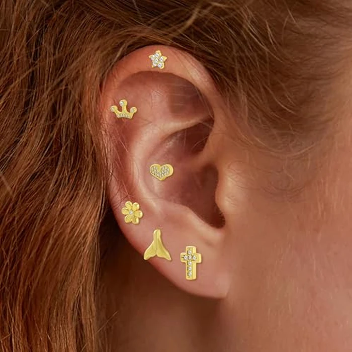 Z ZACHÉ 12 Pairs Gold Earrings 14K Gold Plated hypoallergenic earrings for Women Cross Heart Cat Flower Stud Earrings Set Cubic Zirconia Summer Jewelry by Z ZACHÉ - Image 2