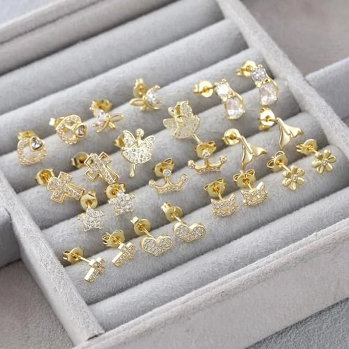 Z ZACHÉ 12 Pairs Gold Earrings 14K Gold Plated hypoallergenic earrings for Women Cross Heart Cat Flower Stud Earrings Set Cubic Zirconia Summer Jewelry by Z ZACHÉ - Image 4