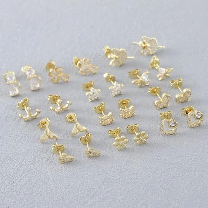 Z ZACHÉ 12 Pairs Gold Earrings 14K Gold Plated hypoallergenic earrings for Women Cross Heart Cat Flower Stud Earrings Set Cubic Zirconia Summer Jewelry by Z ZACHÉ - Image 7