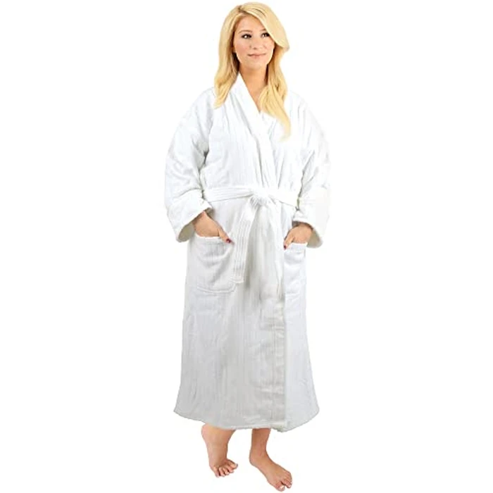 ForPro Luxury Velour Bath Robe, 100% Cotton, Ultra Plush Velour Bathrobe with Textured Woven Stripes, White, Large by ForPro Professional Collection - Image 2