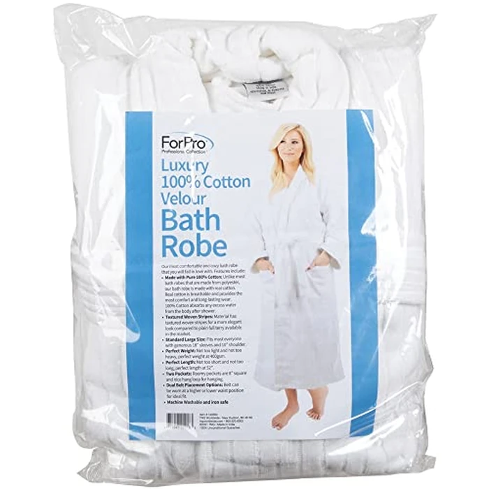 ForPro Luxury Velour Bath Robe, 100% Cotton, Ultra Plush Velour Bathrobe with Textured Woven Stripes, White, Large by ForPro Professional Collection - Image 5