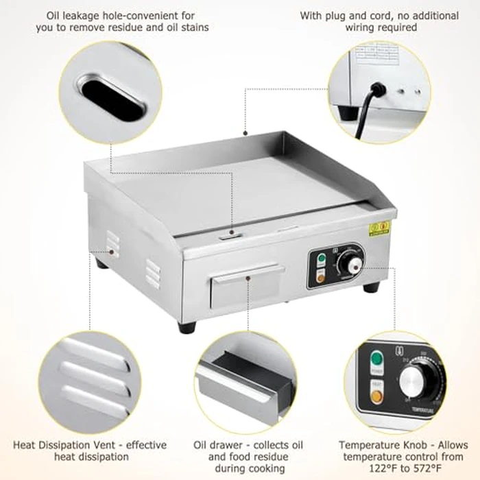 TackView 22" Commercial Electric Griddle, 1600w Non-Stick Countertop Grill, 110v Stainless Steel Teppanyaki Flat Top with Adjustable Temperature (122 degreesf-572 degreesf) with PLUG by Tackview - Image 8