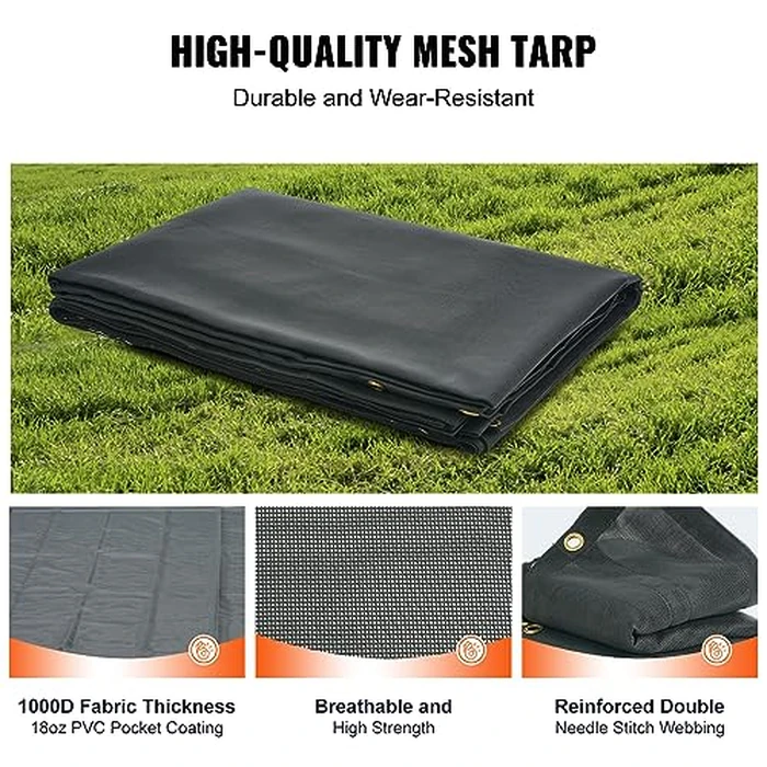 VEVOR Dump Truck Mesh Tarp, 6 x 14 ft, PVC Coated Black Heavy Duty Cover with 5.5" 18oz Double Pocket, Brass Grommets, Reinforced Double Needle Stitch Webbing Fits Manual or Electric Dump Truck System by VEVOR - Image 2