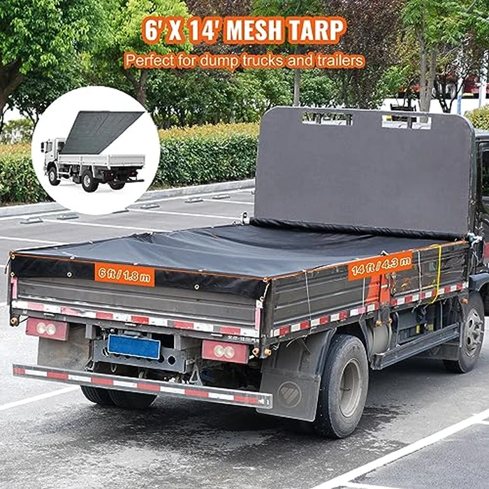 VEVOR Dump Truck Mesh Tarp, 6 x 14 ft, PVC Coated Black Heavy Duty Cover with 5.5" 18oz Double Pocket, Brass Grommets, Reinforced Double Needle Stitch Webbing Fits Manual or Electric Dump Truck System by VEVOR - Image 6