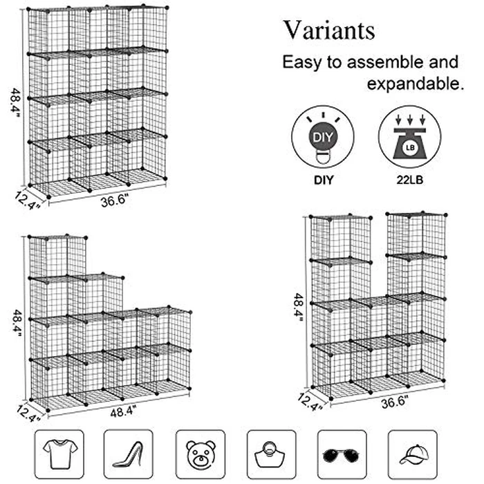 C&AHOME Wire Cube Storage, 12-Cube Storage Organizer Metal, C Grids Storage Bins Shelving, Modular Bookshelf Shelf, Closet Cabinet Ideal for Bedroom, Office 36.6”L x 12.4”W 48.4”H Black by C&AHOME - Image 5