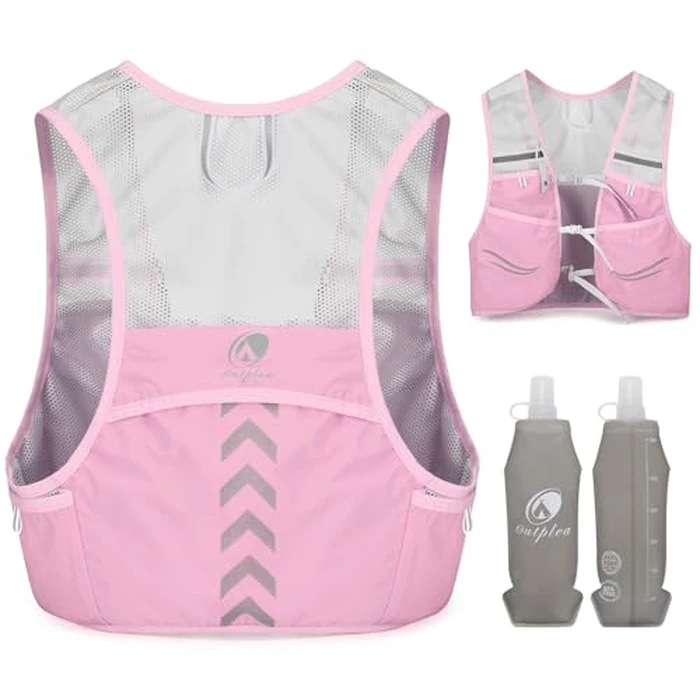 Outplea Lightweight Running Vest with 2pcs 500ML Soft Water Bottle for Women, Ultralight Reflective Hydration Pack with Phone Pouch, Hydro Water Vest Pack for Race Festival Marathon, Pink/M by Outplea - Image 1
