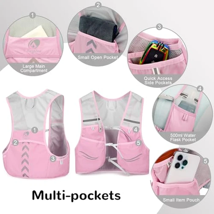 Outplea Lightweight Running Vest with 2pcs 500ML Soft Water Bottle for Women, Ultralight Reflective Hydration Pack with Phone Pouch, Hydro Water Vest Pack for Race Festival Marathon, Pink/M by Outplea - Image 4