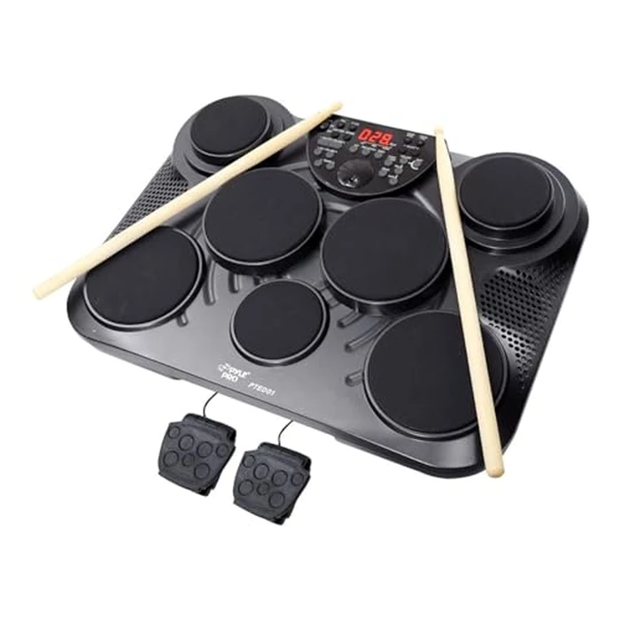 Pyle Electronic Tabletop Digital Drum Set, Compact Portable Drum Pad Kit w/ 8 Touch Sensitive Pads and Pedals, 600 Sounds, USB & Headphone Outputs, MIDI/AUX Inputs, 4x5” Drums & 4x3.5” Cymbals by Pyle - Used - Like New condition - US$136.57