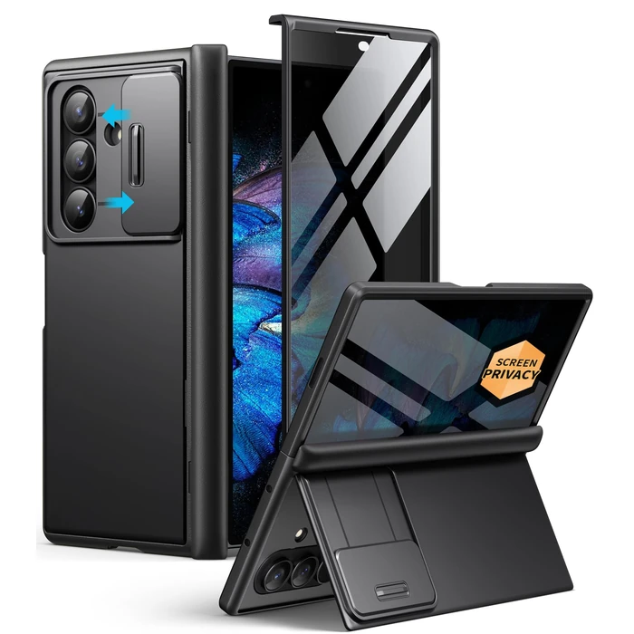 BERFY for Z Fold 7 Case with Privacy Screen Protector, [Anti Spy] Hidden Kickstand & Slide Camera Cover & Hinge Protective, Full Body Shockproof Phone Case for Samsung Galaxy Z Fold 7, Black by BERFY - Used - Acceptable condition