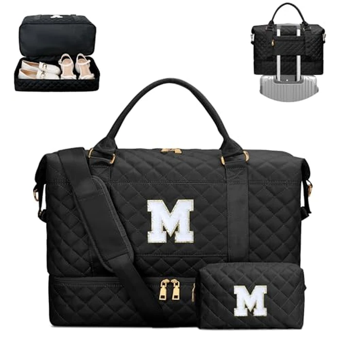 CLOUDWINGS Gifts for Teens Girls Women Initial Travel Duffle Bag Quilted Weekender Carry-On Overnight with Cosmetic Bag, Gym Bag with Shoe Compartment, Black M by CLOUDWINGS - Image 1