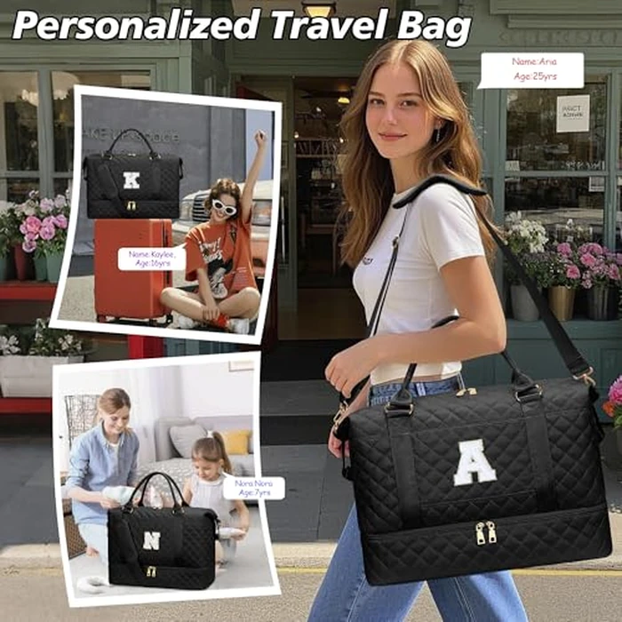 CLOUDWINGS Gifts for Teens Girls Women Initial Travel Duffle Bag Quilted Weekender Carry-On Overnight with Cosmetic Bag, Gym Bag with Shoe Compartment, Black M by CLOUDWINGS - Image 4