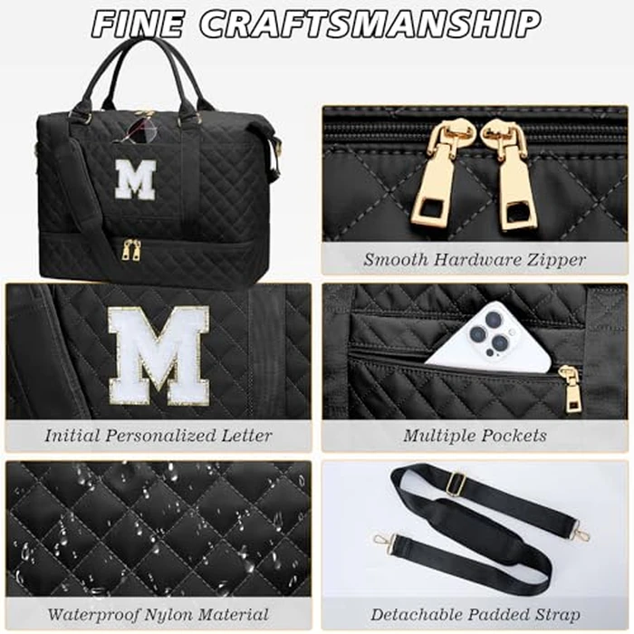 CLOUDWINGS Gifts for Teens Girls Women Initial Travel Duffle Bag Quilted Weekender Carry-On Overnight with Cosmetic Bag, Gym Bag with Shoe Compartment, Black M by CLOUDWINGS - Image 6