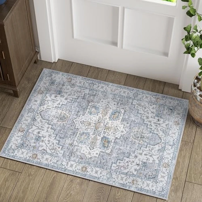 jinchan Oriental 2x3 Rug for Entryway - Machine Washable Non-Slip Doormat Ultra-Thin Low-Pile Small Vintage Floral Distressed Accent Rug for Entrance Bedroom Kitchen Bathroom (2x3ft, Grey/Blue) by jinchan - Used - Like New condition