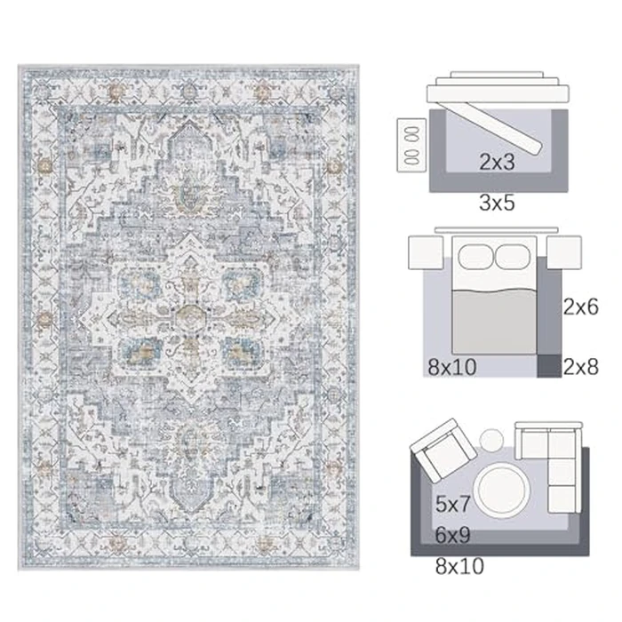 jinchan Oriental 2x3 Rug for Entryway - Machine Washable Non-Slip Doormat Ultra-Thin Low-Pile Small Vintage Floral Distressed Accent Rug for Entrance Bedroom Kitchen Bathroom (2x3ft, Grey/Blue) by jinchan - Image 2