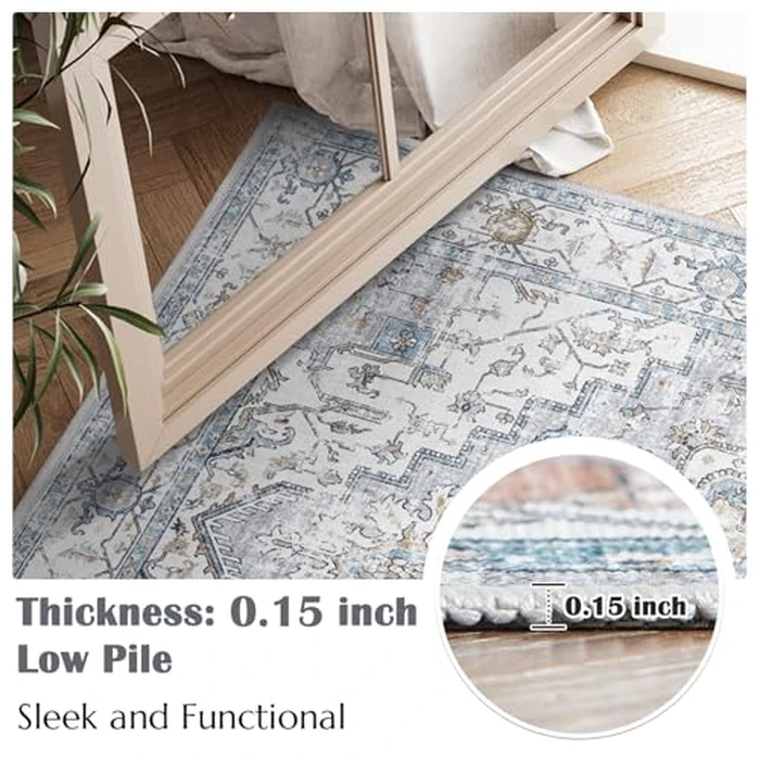 jinchan Oriental 2x3 Rug for Entryway - Machine Washable Non-Slip Doormat Ultra-Thin Low-Pile Small Vintage Floral Distressed Accent Rug for Entrance Bedroom Kitchen Bathroom (2x3ft, Grey/Blue) by jinchan - Image 3