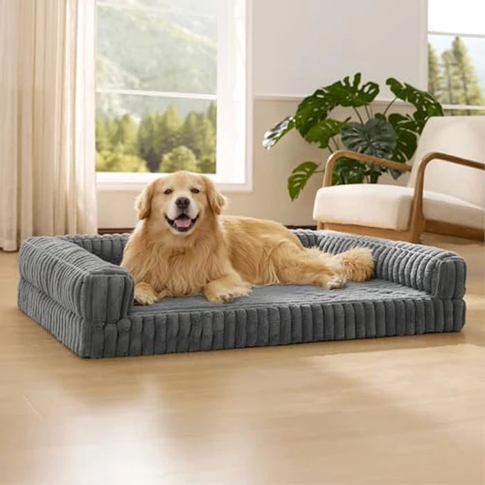 Bedsure ComfyFleece(TM) Orthopedic Dog Beds for Extra Large Dogs, Waterproof Memory Foam XL Pet Bed with Sides, Non-Slip and Egg-Crate Foam Big Dog Couch Sofa with Washable Corduroy Cover, Grey by Bedsure - Used - Very Good condition - US$79.92