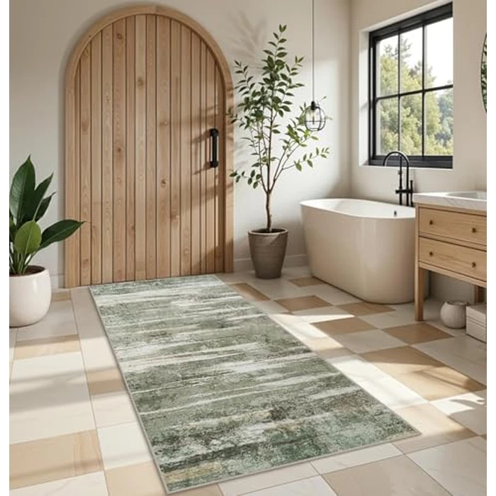 Wide 3x6 Kitchen Rugs Washable - Modern Abstract Hallway Runner Rug Ultra Soft Non Slip Carpet for Bedroom Kitchen Laundry Low Pile Home Decor Indoor Floor Mat for Entryway Bathroom 3x6 Green by YOUFORTONG - Image 1