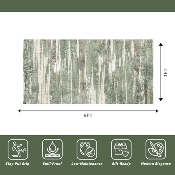 Wide 3x6 Kitchen Rugs Washable - Modern Abstract Hallway Runner Rug Ultra Soft Non Slip Carpet for Bedroom Kitchen Laundry Low Pile Home Decor Indoor Floor Mat for Entryway Bathroom 3x6 Green by YOUFORTONG - Image 3