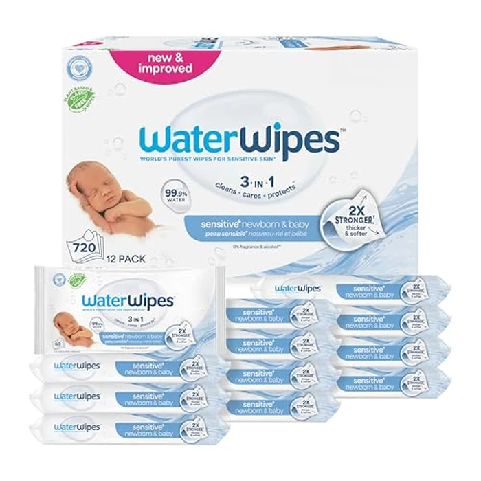 WaterWipes Sensitive+ Newborn & Baby Wipes, 3-In-1 Cleans, Cares, Protects, 99.9% Water, Unscented & Hypoallergenic, 720 Count (12 Packs) by WaterWipes - Used - Very Good condition - US$38.09
