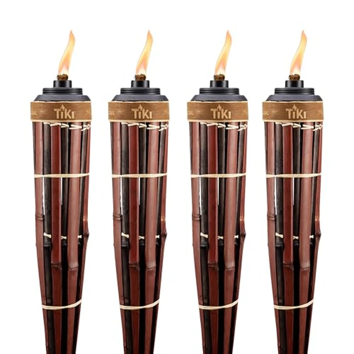 TIKI 60-Inch Bamboo Torches (4-Pack) - Natural Outdoor Torches with Easy Pour Canisters, Long-Lasting Fiberglass Wicks & Snuffers - Patio, Garden, Lawn & Backyard Decor - Walnut/Pecan Finish by TIKI - Used - Very Good condition
