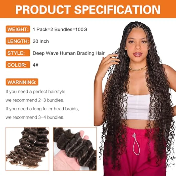 Yacurcur Human Hair for Braiding Deep Wave for Boho Braids No Weft Human Hair Bundles for Braiding Brazilian Virgin 20 Inch(100g, 4#) by Yacurcur - Image 2