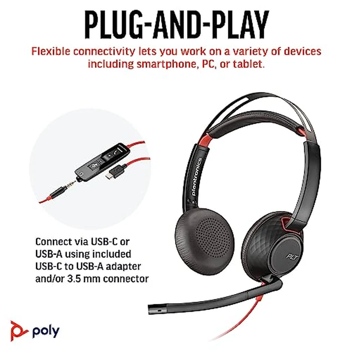Poly Blackwire 5220 Wired Headset (Plantronics) - Flexible Noise-Canceling Boom Mic - Ergonomic Design - Connect to PC/Mac, Mobile via USB-C, USB-A, or 3.5 mm - Works w/Teams, Zoom - Amazon Exclusive by POLY - Image 6