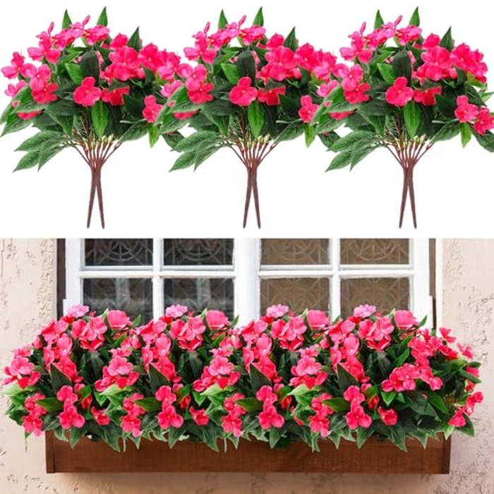 Thiccywoov 10 Bundles Artificial Impatiens Bouquet Flowers for Outdoors Silk Faux Flowers Indoor Fake Plastic Plants Patio Lawn Garden Wedding Fall Thanksgiving Decor (Rose Red) by Thiccywoov - Used - Like New condition