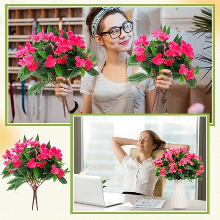 Thiccywoov 10 Bundles Artificial Impatiens Bouquet Flowers for Outdoors Silk Faux Flowers Indoor Fake Plastic Plants Patio Lawn Garden Wedding Fall Thanksgiving Decor (Rose Red) by Thiccywoov - Image 4