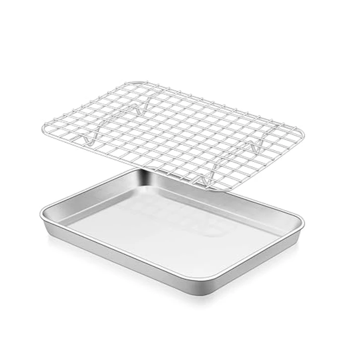 E-far Baking Sheet with Rack Set, 9.5” x 7.3” Stainless Steel Cookie Sheet Baking Pan for Toaster Oven, Mini Metal Tray with Cooling Wire Rack for Cooking Roasting, Non-toxic & Dishwasher Safe by E-far - Used - Good condition - CA$14.58