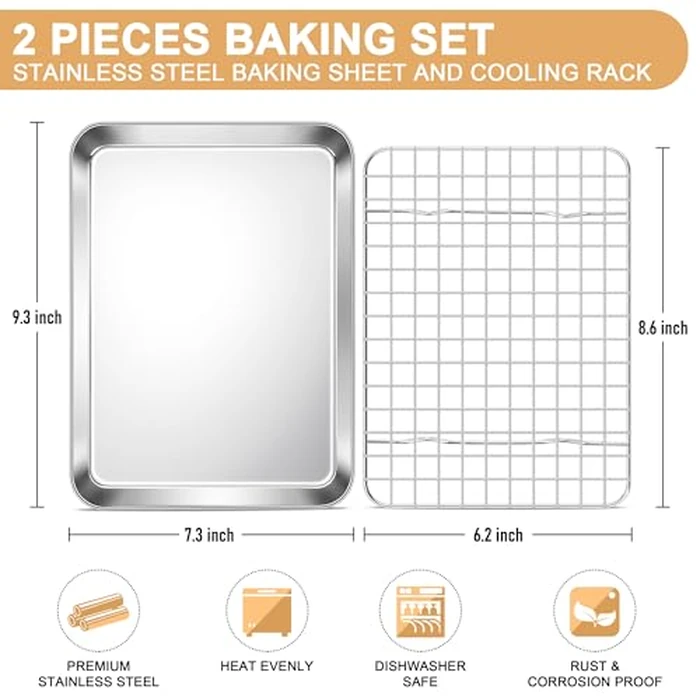 E-far Baking Sheet with Rack Set, 9.5” x 7.3” Stainless Steel Cookie Sheet Baking Pan for Toaster Oven, Mini Metal Tray with Cooling Wire Rack for Cooking Roasting, Non-toxic & Dishwasher Safe by E-far - Image 2