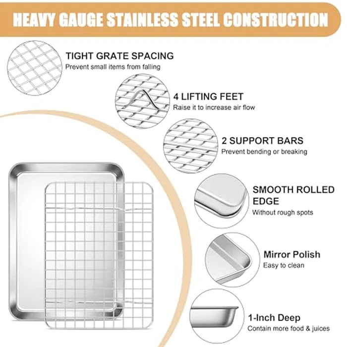 E-far Baking Sheet with Rack Set, 9.5” x 7.3” Stainless Steel Cookie Sheet Baking Pan for Toaster Oven, Mini Metal Tray with Cooling Wire Rack for Cooking Roasting, Non-toxic & Dishwasher Safe by E-far - Image 3