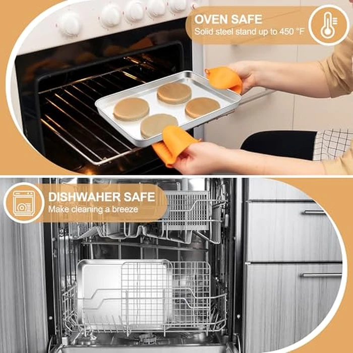 E-far Baking Sheet with Rack Set, 9.5” x 7.3” Stainless Steel Cookie Sheet Baking Pan for Toaster Oven, Mini Metal Tray with Cooling Wire Rack for Cooking Roasting, Non-toxic & Dishwasher Safe by E-far - Image 4
