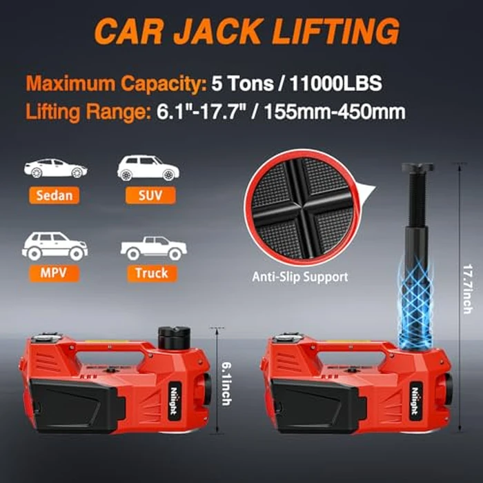 Nilight Electric Car Jack Kit 5 Ton 12V Hydraulic Car Jack with Impact Wrench, 3 in 1 Portable Electric Floor Jack with Tire Inflator Pump LED Light for Sedan SUV Truck Change Tire Garage Repair by Nilight - Image 3