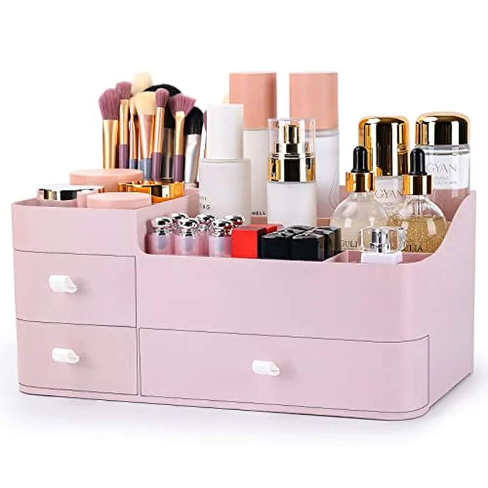 ONXE Makeup Organizer with Drawers,Large Capacity Countertop for Vanity,Bathroom & Bedroom Desk Cosmetics Skin Care,Brushes, Eyeshadow, Lotions, Lipstick, Nail Polish Jewelry, pink by ONXE - Used - Very Good condition