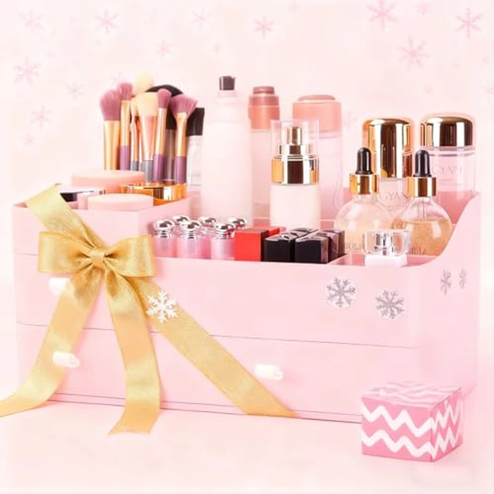 ONXE Makeup Organizer with Drawers,Large Capacity Countertop for Vanity,Bathroom & Bedroom Desk Cosmetics Skin Care,Brushes, Eyeshadow, Lotions, Lipstick, Nail Polish Jewelry, pink by ONXE - Image 2